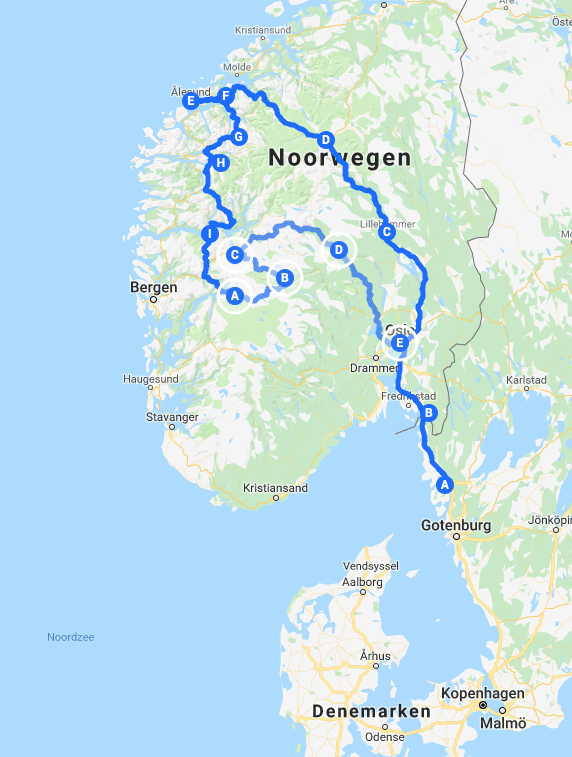 Camperreis Noorwegen route op kaart